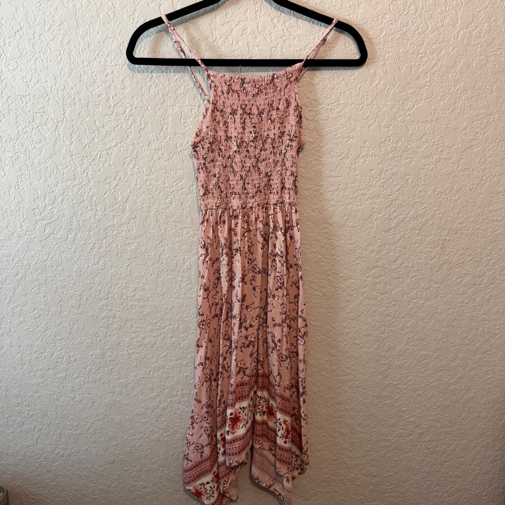 Japana Floral Smocked Handkerchief Hem Midi Dress XS Boho Pink‎ Summer